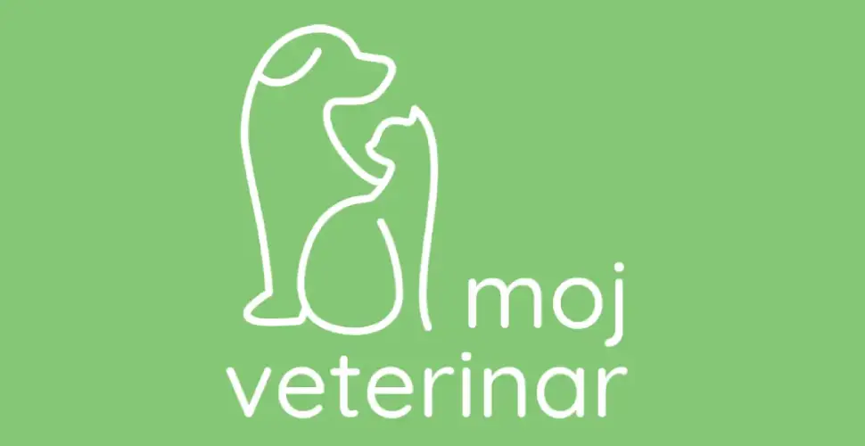 Logo sa stilizovanim obrisima psa i mačke u beloj boji na zelenoj pozadini, sa natpisom ‘moj veterinar’.