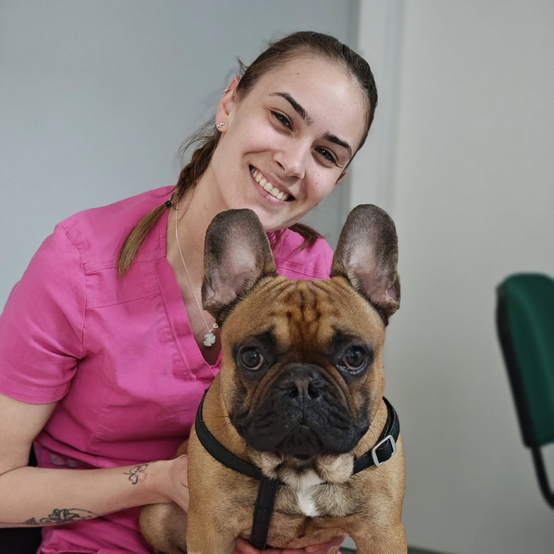 Mia u roze uniformi sa osmehom pozira sa francuskim buldogom u veterinarskoj ordinaciji.