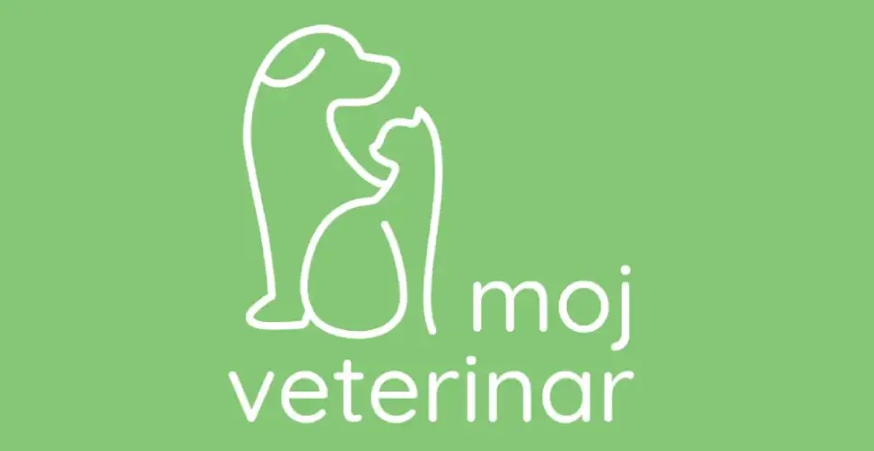 Logo MOJ VETERINAR sa stilizovanim obrisima psa i mačke u beloj boji na zelenoj pozadini, sa natpisom ‘moj veterinar’.
